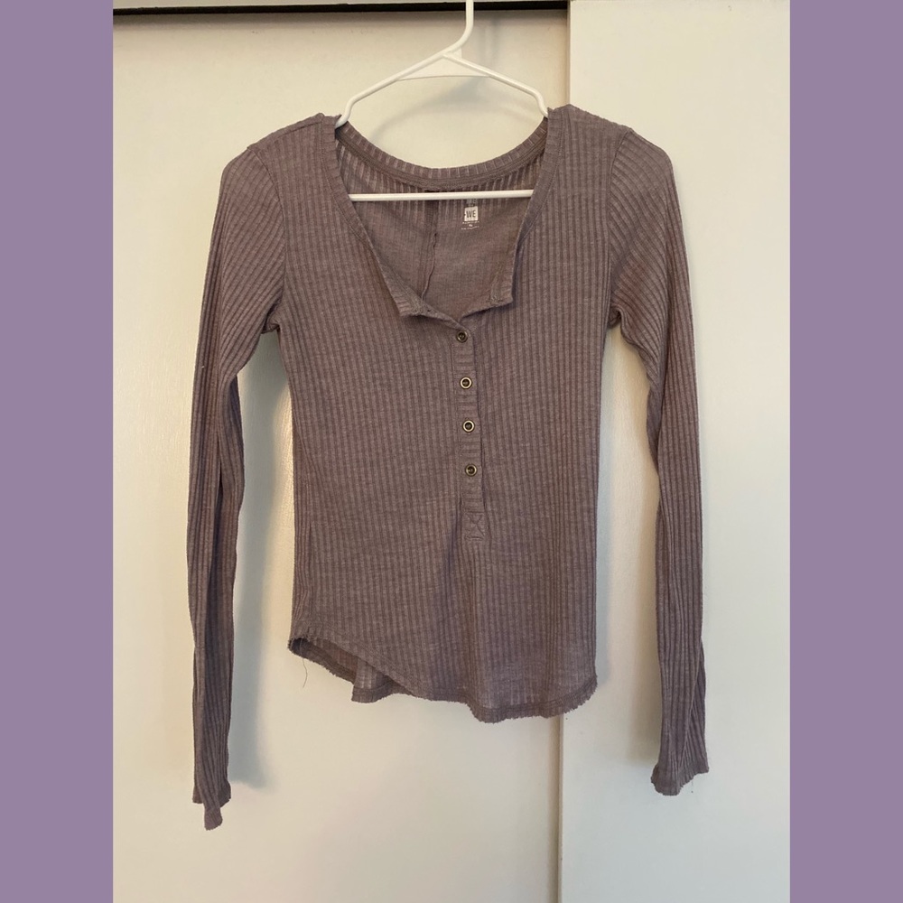 ribbed henley button up long sleeve purple top